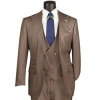 VINCI Men's Deep Taupe Sharkskin 3pc Classic Fit Suit with Adjustable Waist – NEW. Features a bold peak lapel, upscale lining, and flat-front pants with flexible waistband for custom tailoring. A timeless choice for work or formal events. Available at Fashion House Inc. (FH Menswear, Style #V2RK-5)