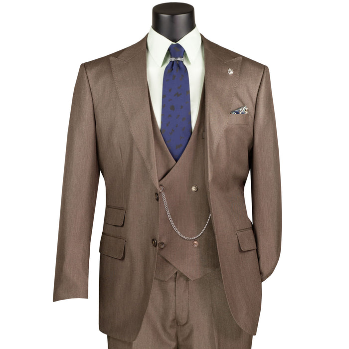 VINCI Men's Deep Taupe Sharkskin 3pc Classic Fit Suit with Adjustable Waist – NEW. Features a bold peak lapel, upscale lining, and flat-front pants with flexible waistband for custom tailoring. A timeless choice for work or formal events. Available at Fashion House Inc. (FH Menswear, Style #V2RK-5)