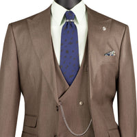 VINCI Men's Deep Taupe Sharkskin 3pc Classic Fit Suit with Adjustable Waist – NEW. Features a bold peak lapel, upscale lining, and flat-front pants with flexible waistband for custom tailoring. A timeless choice for work or formal events. Available at Fashion House Inc. (FH Menswear, Style #V2RK-5)