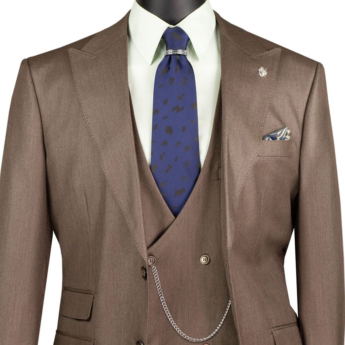 VINCI Men's Deep Taupe Sharkskin 3pc Classic Fit Suit with Adjustable Waist – NEW. Features a bold peak lapel, upscale lining, and flat-front pants with flexible waistband for custom tailoring. A timeless choice for work or formal events. Available at Fashion House Inc. (FH Menswear, Style #V2RK-5)
