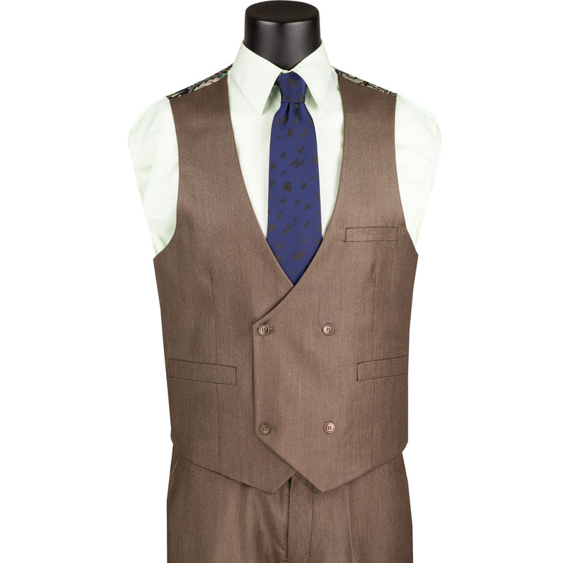VINCI Men's Deep Taupe Sharkskin 3pc Classic Fit Suit with Adjustable Waist – NEW. Features a bold peak lapel, upscale lining, and flat-front pants with flexible waistband for custom tailoring. A timeless choice for work or formal events. Available at Fashion House Inc. (FH Menswear, Style #V2RK-5)