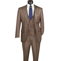 VINCI Men's Deep Taupe Sharkskin 3pc Classic Fit Suit with Adjustable Waist – NEW. Features a bold peak lapel, upscale lining, and flat-front pants with flexible waistband for custom tailoring. A timeless choice for work or formal events. Available at Fashion House Inc. (FH Menswear, Style #V2RK-5)