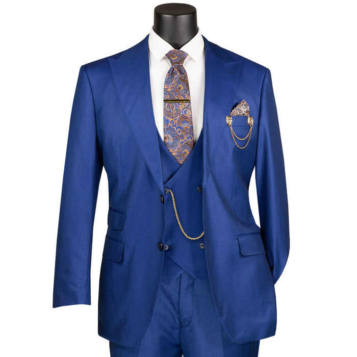 VINCI Men's Estate Blue Sharkskin 3pc Classic Fit Suit with Adjustable Waist – NEW. Features a bold peak lapel, upscale lining, and flat-front pants with flexible waistband for custom tailoring. A timeless choice for work or formal events. Available at Fashion House Inc. (FH Menswear, Style #V2RK-5)