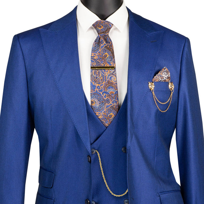 VINCI Men's Estate Blue Sharkskin 3pc Classic Fit Suit with Adjustable Waist – NEW. Features a bold peak lapel, upscale lining, and flat-front pants with flexible waistband for custom tailoring. A timeless choice for work or formal events. Available at Fashion House Inc. (FH Menswear, Style #V2RK-5)
