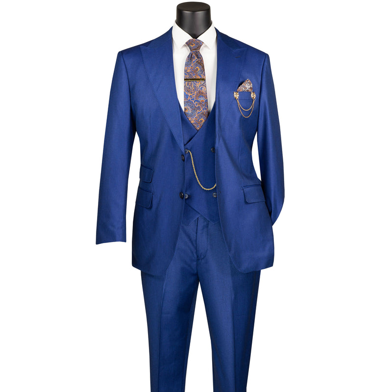 VINCI Men's Estate Blue Sharkskin 3pc Classic Fit Suit with Adjustable Waist – NEW. Features a bold peak lapel, upscale lining, and flat-front pants with flexible waistband for custom tailoring. A timeless choice for work or formal events. Available at Fashion House Inc. (FH Menswear, Style #V2RK-5)
