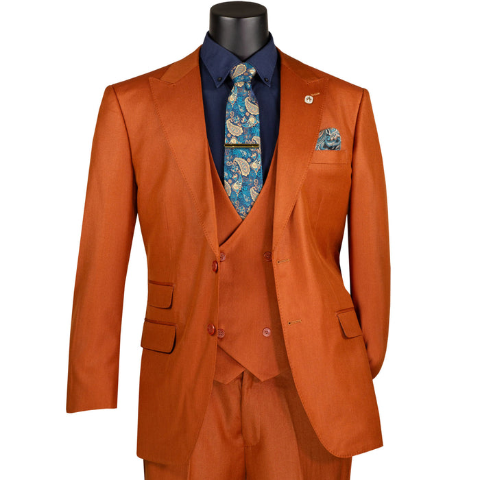 VINCI Men's Rust Sharkskin 3pc Classic Fit Suit with Adjustable Waist – NEW. Features a bold peak lapel, upscale lining, and flat-front pants with flexible waistband for custom tailoring. A timeless choice for work or formal events. Available at Fashion House Inc. (FH Menswear, Style #V2RK-5)
