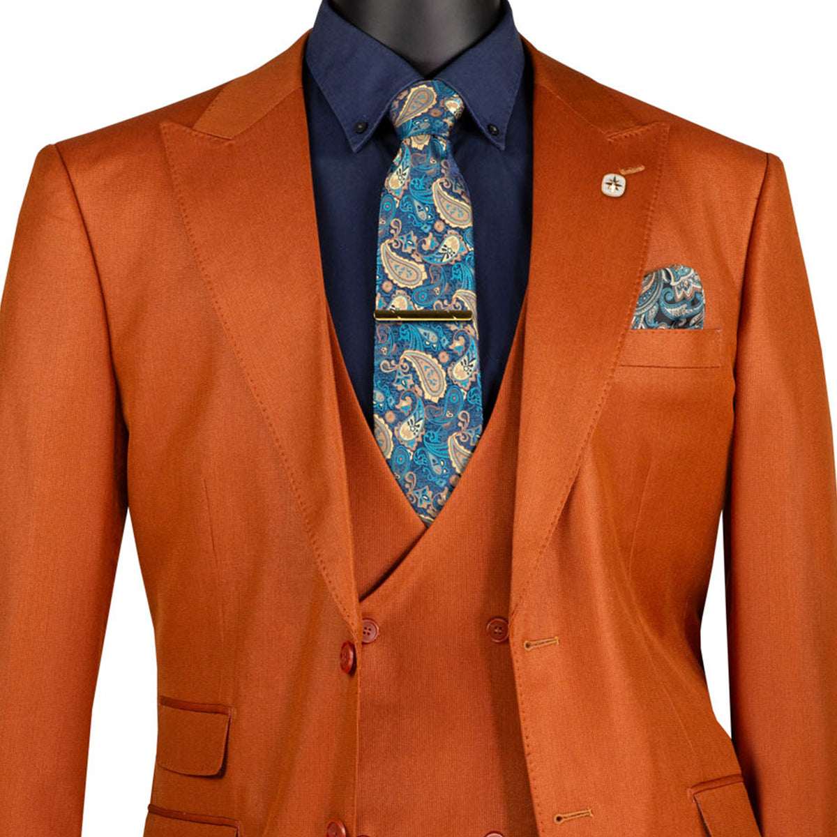 VINCI Men's Rust Sharkskin 3pc Classic Fit Suit with Adjustable Waist – NEW. Features a bold peak lapel, upscale lining, and flat-front pants with flexible waistband for custom tailoring. A timeless choice for work or formal events. Available at Fashion House Inc. (FH Menswear, Style #V2RK-5)