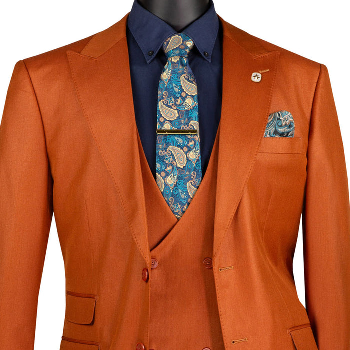 VINCI Men's Rust Sharkskin 3pc Classic Fit Suit with Adjustable Waist – NEW. Features a bold peak lapel, upscale lining, and flat-front pants with flexible waistband for custom tailoring. A timeless choice for work or formal events. Available at Fashion House Inc. (FH Menswear, Style #V2RK-5)