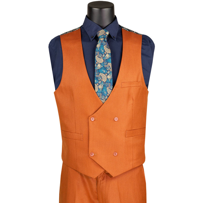 VINCI Men's Rust Sharkskin 3pc Classic Fit Suit with Adjustable Waist – NEW. Features a bold peak lapel, upscale lining, and flat-front pants with flexible waistband for custom tailoring. A timeless choice for work or formal events. Available at Fashion House Inc. (FH Menswear, Style #V2RK-5)