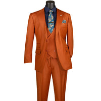 VINCI Men's Rust Sharkskin 3pc Classic Fit Suit with Adjustable Waist – NEW. Features a bold peak lapel, upscale lining, and flat-front pants with flexible waistband for custom tailoring. A timeless choice for work or formal events. Available at Fashion House Inc. (FH Menswear, Style #V2RK-5)