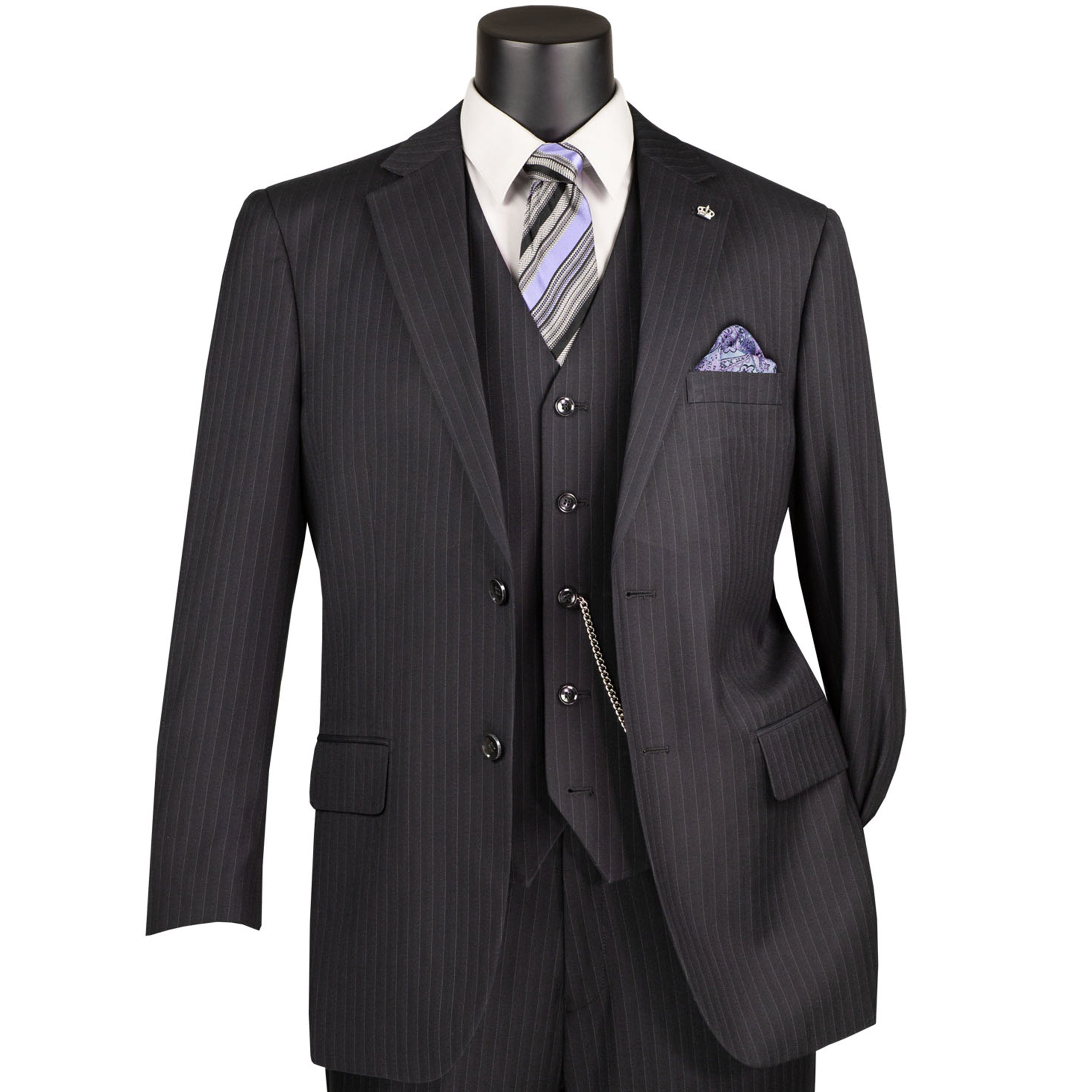 VINCI Men's Black Pinstripe 3 Piece 2 Button Classic Fit Suit NEW
