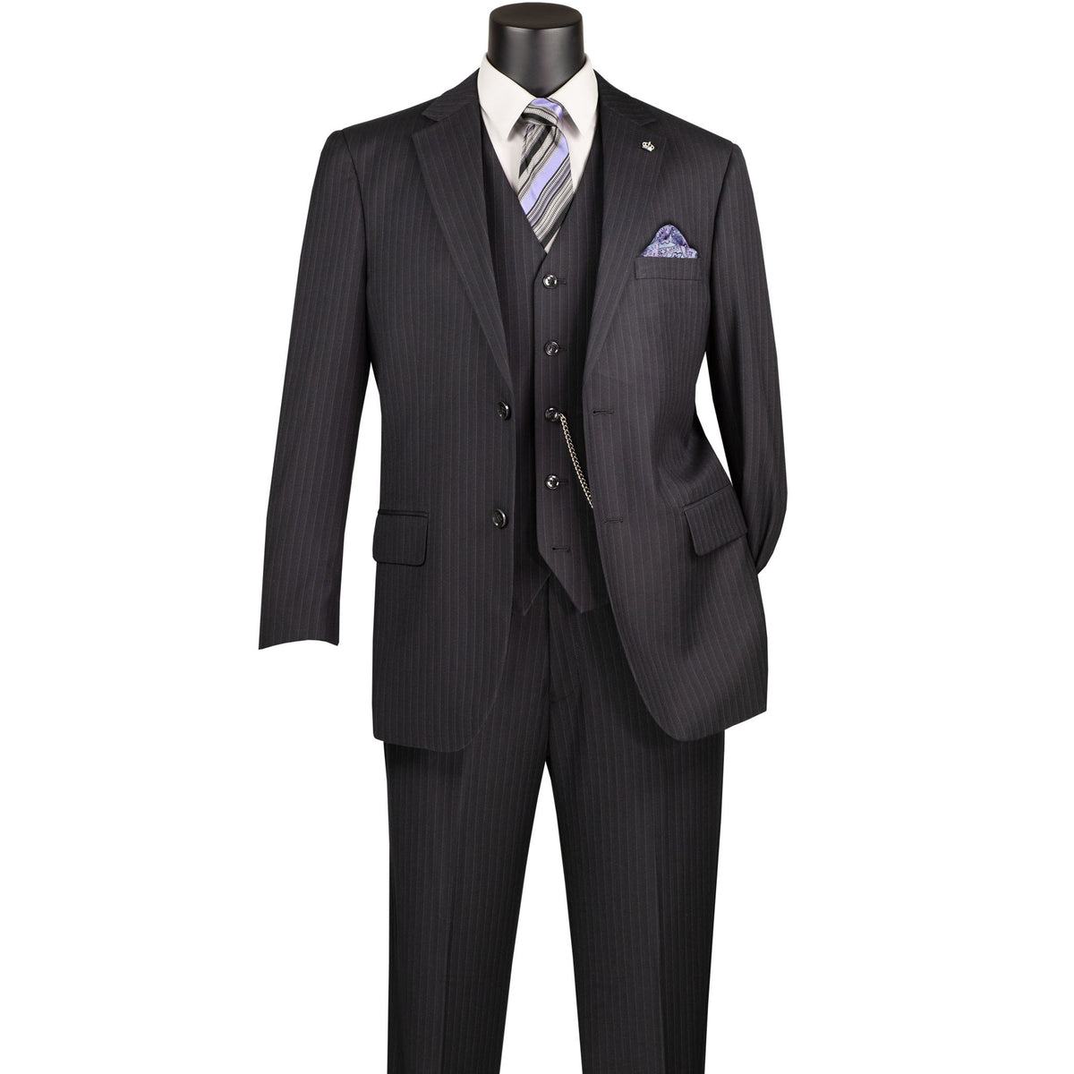 VINCI Men's Black Pinstripe 3-Piece 2-Button Classic-Fit Suit - NEW. Features a traditional full-cut design with a fully lined notch lapel jacket and pleated pants ready for custom tailoring. Ideal for professional settings and evening events. Available at Fashion House Inc. (FH Menswear)
