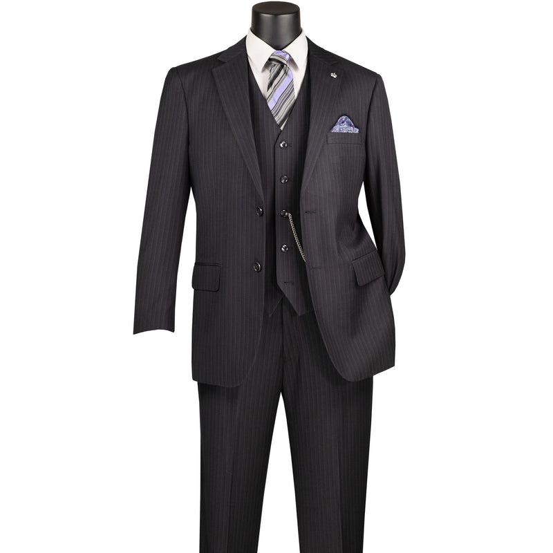 VINCI Men's Black Pinstripe 3-Piece 2-Button Classic-Fit Suit - NEW. Features a traditional full-cut design with a fully lined notch lapel jacket and pleated pants ready for custom tailoring. Ideal for professional settings and evening events. Available at Fashion House Inc. (FH Menswear)