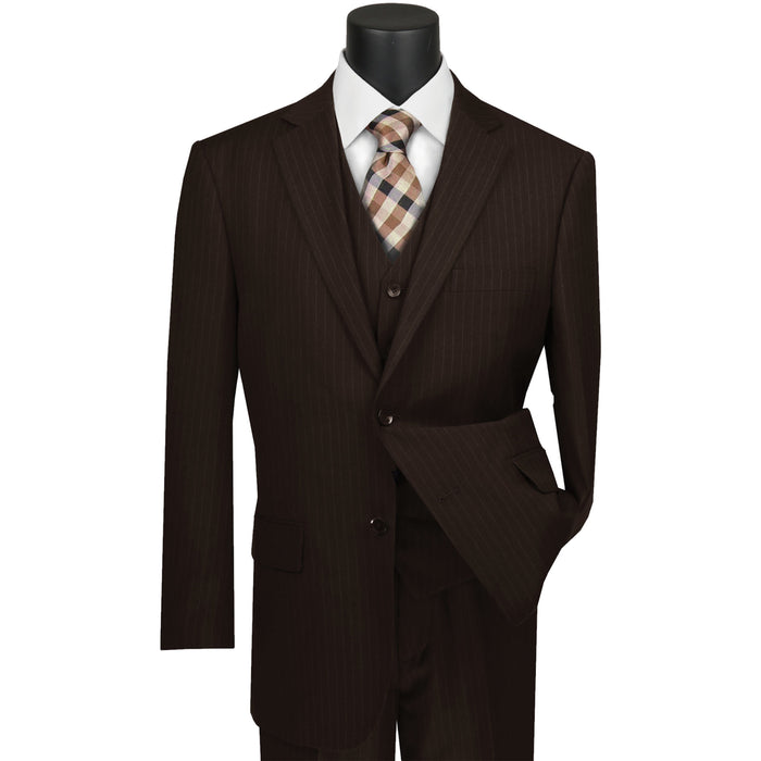 VINCI Men's Brown Pinstripe 3-Piece 2-Button Classic-Fit Suit - NEW. Features a traditional full-cut design with a fully lined notch lapel jacket and pleated pants ready for custom tailoring. Ideal for professional settings and evening events. Available at Fashion House Inc. (FH Menswear)