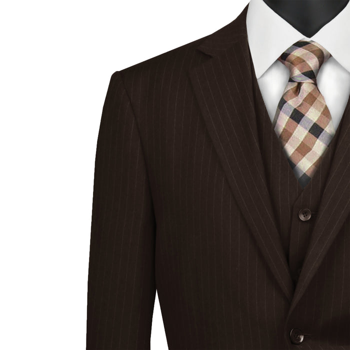 VINCI Men's Brown Pinstripe 3-Piece 2-Button Classic-Fit Suit - NEW. Features a traditional full-cut design with a fully lined notch lapel jacket and pleated pants ready for custom tailoring. Ideal for professional settings and evening events. Available at Fashion House Inc. (FH Menswear)