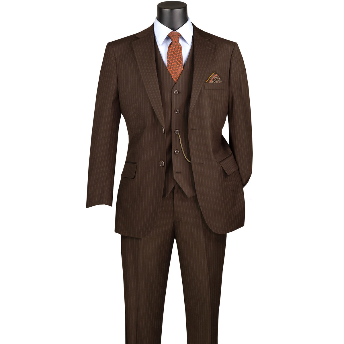 VINCI Men's Brown Pinstripe 3-Piece 2-Button Classic-Fit Suit - NEW. Features a traditional full-cut design with a fully lined notch lapel jacket and pleated pants ready for custom tailoring. Ideal for professional settings and evening events. Available at Fashion House Inc. (FH Menswear)