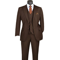 VINCI Men's Brown Pinstripe 3-Piece 2-Button Classic-Fit Suit - NEW. Features a traditional full-cut design with a fully lined notch lapel jacket and pleated pants ready for custom tailoring. Ideal for professional settings and evening events. Available at Fashion House Inc. (FH Menswear)