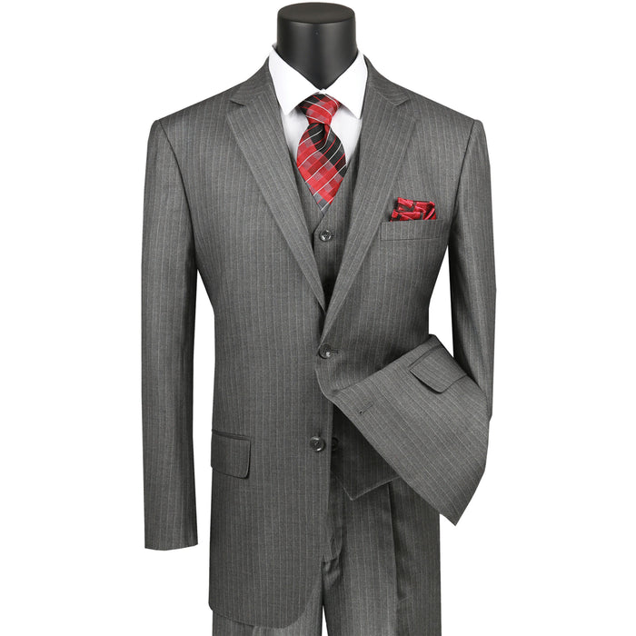 VINCI Men's Medium Gray Pinstripe 3-Piece 2-Button Classic-Fit Suit - NEW. Features a traditional full-cut design with a fully lined notch lapel jacket and pleated pants ready for custom tailoring. Ideal for professional settings and evening events. Available at Fashion House Inc. (FH Menswear)