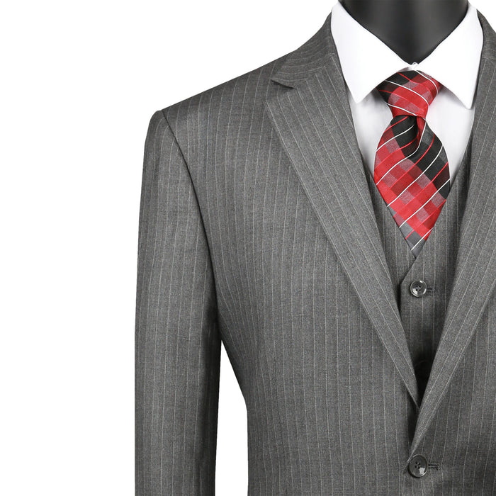 VINCI Men's Medium Gray Pinstripe 3-Piece 2-Button Classic-Fit Suit - NEW. Features a traditional full-cut design with a fully lined notch lapel jacket and pleated pants ready for custom tailoring. Ideal for professional settings and evening events. Available at Fashion House Inc. (FH Menswear)