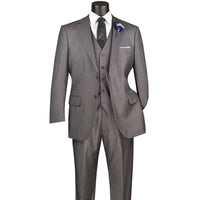VINCI Men's Medium Gray Pinstripe 3-Piece 2-Button Classic-Fit Suit - NEW. Features a traditional full-cut design with a fully lined notch lapel jacket and pleated pants ready for custom tailoring. Ideal for professional settings and evening events. Available at Fashion House Inc. (FH Menswear)