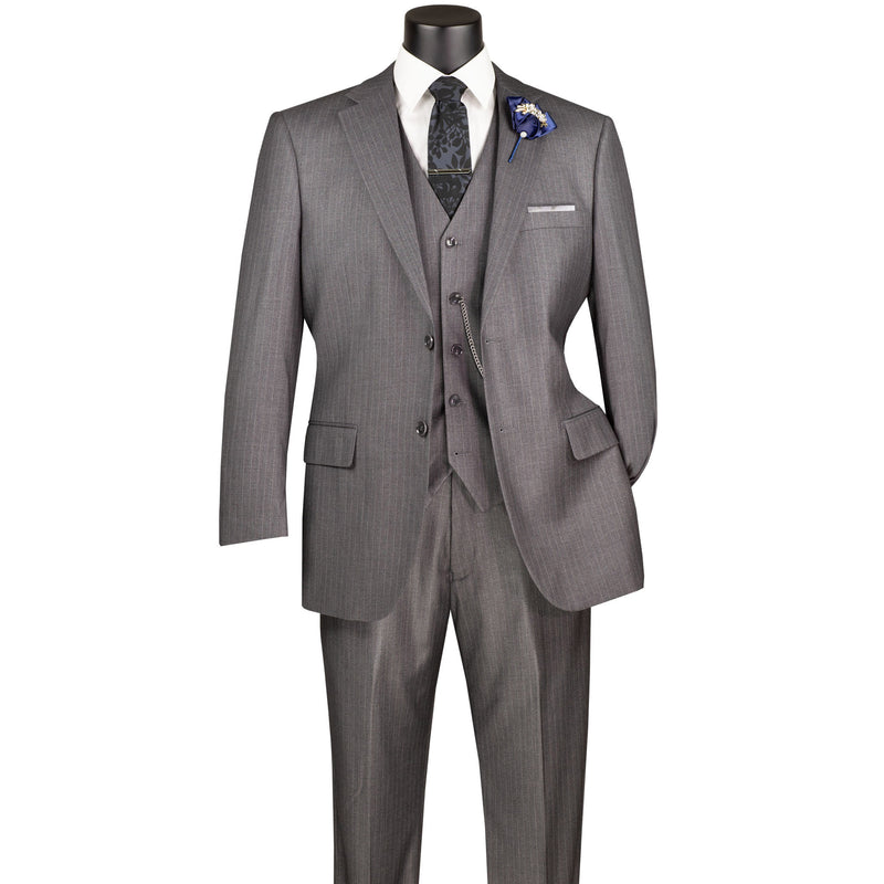 VINCI Men's Medium Gray Pinstripe 3-Piece 2-Button Classic-Fit Suit - NEW. Features a traditional full-cut design with a fully lined notch lapel jacket and pleated pants ready for custom tailoring. Ideal for professional settings and evening events. Available at Fashion House Inc. (FH Menswear)