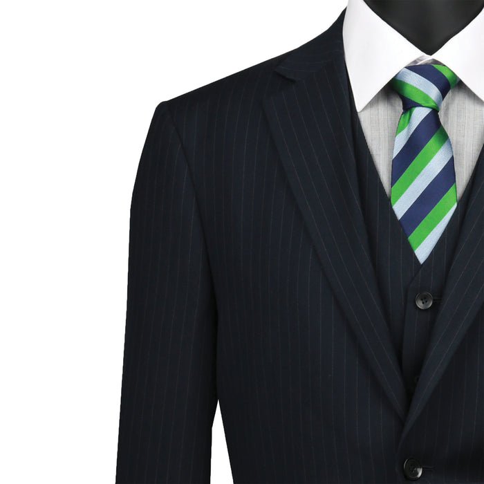 VINCI Men's Navy Blue Pinstripe 3-Piece 2-Button Classic-Fit Suit - NEW. Features a traditional full-cut design with a fully lined notch lapel jacket and pleated pants ready for custom tailoring. Ideal for professional settings and evening events. Available at Fashion House Inc. (FH Menswear)