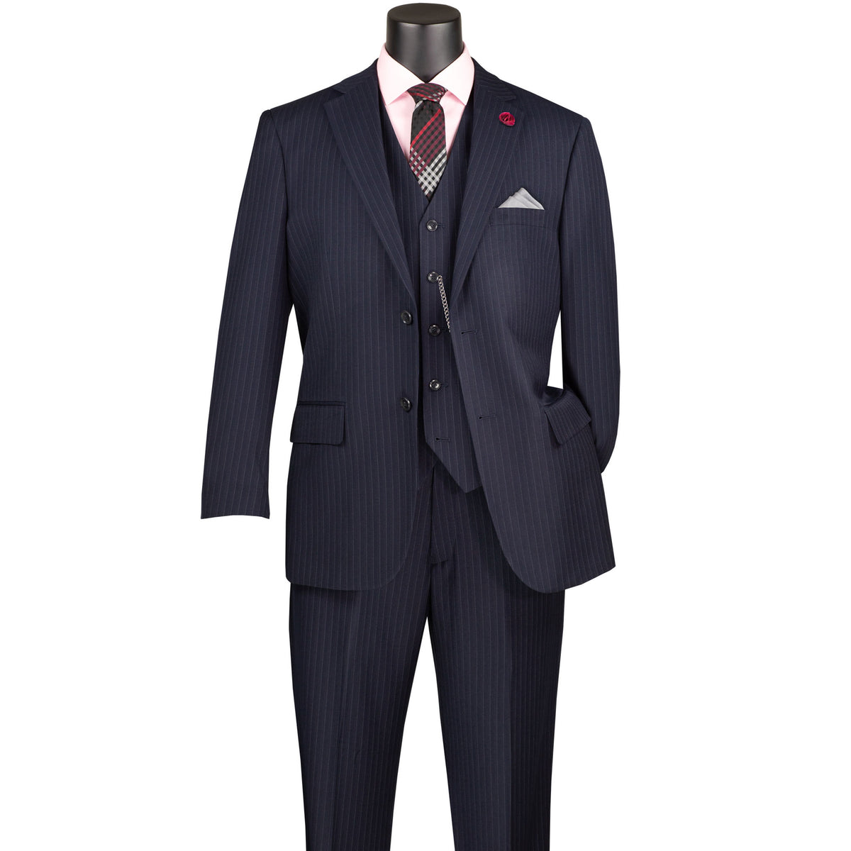 VINCI Men's Navy Blue Pinstripe 3-Piece 2-Button Classic-Fit Suit - NEW. Features a traditional full-cut design with a fully lined notch lapel jacket and pleated pants ready for custom tailoring. Ideal for professional settings and evening events. Available at Fashion House Inc. (FH Menswear)