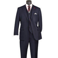 VINCI Men's Navy Blue Pinstripe 3-Piece 2-Button Classic-Fit Suit - NEW. Features a traditional full-cut design with a fully lined notch lapel jacket and pleated pants ready for custom tailoring. Ideal for professional settings and evening events. Available at Fashion House Inc. (FH Menswear)