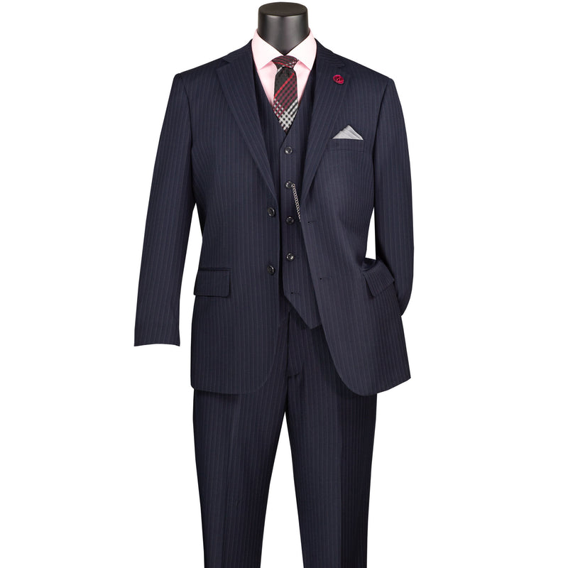 VINCI Men's Navy Blue Pinstripe 3-Piece 2-Button Classic-Fit Suit - NEW. Features a traditional full-cut design with a fully lined notch lapel jacket and pleated pants ready for custom tailoring. Ideal for professional settings and evening events. Available at Fashion House Inc. (FH Menswear)