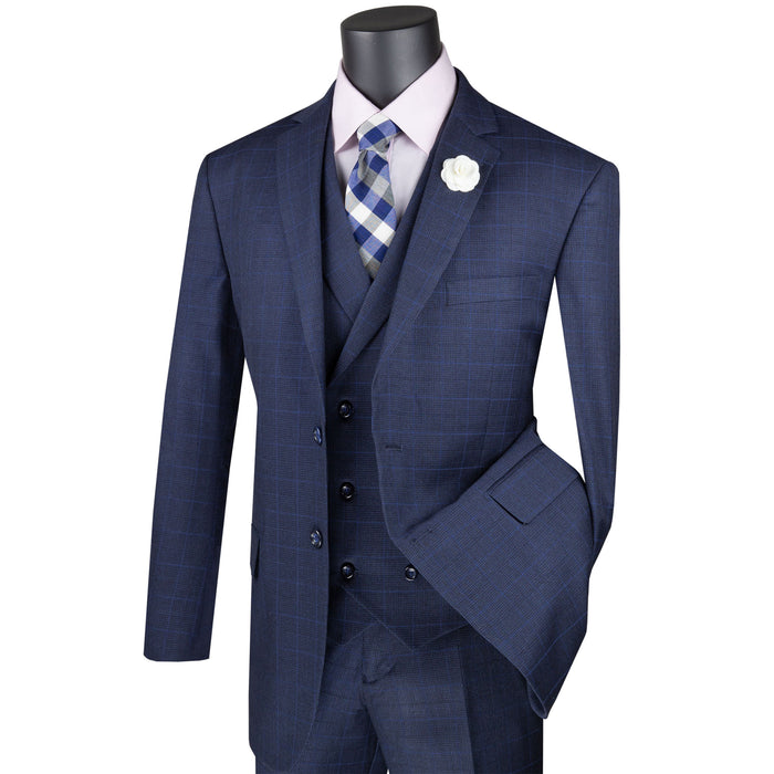 VINCI Men's Navy Blue Glen Plaid 3pc 2-Button Classic-Fit Suit - NEW. Showcases a traditional full-cut with a richly lined notch lapel jacket and flat-front pants for tailored customization. Ideal for professional and formal occasions, ensuring a polished and unique fit. Available at Fashion House Inc. (FH Menswear)