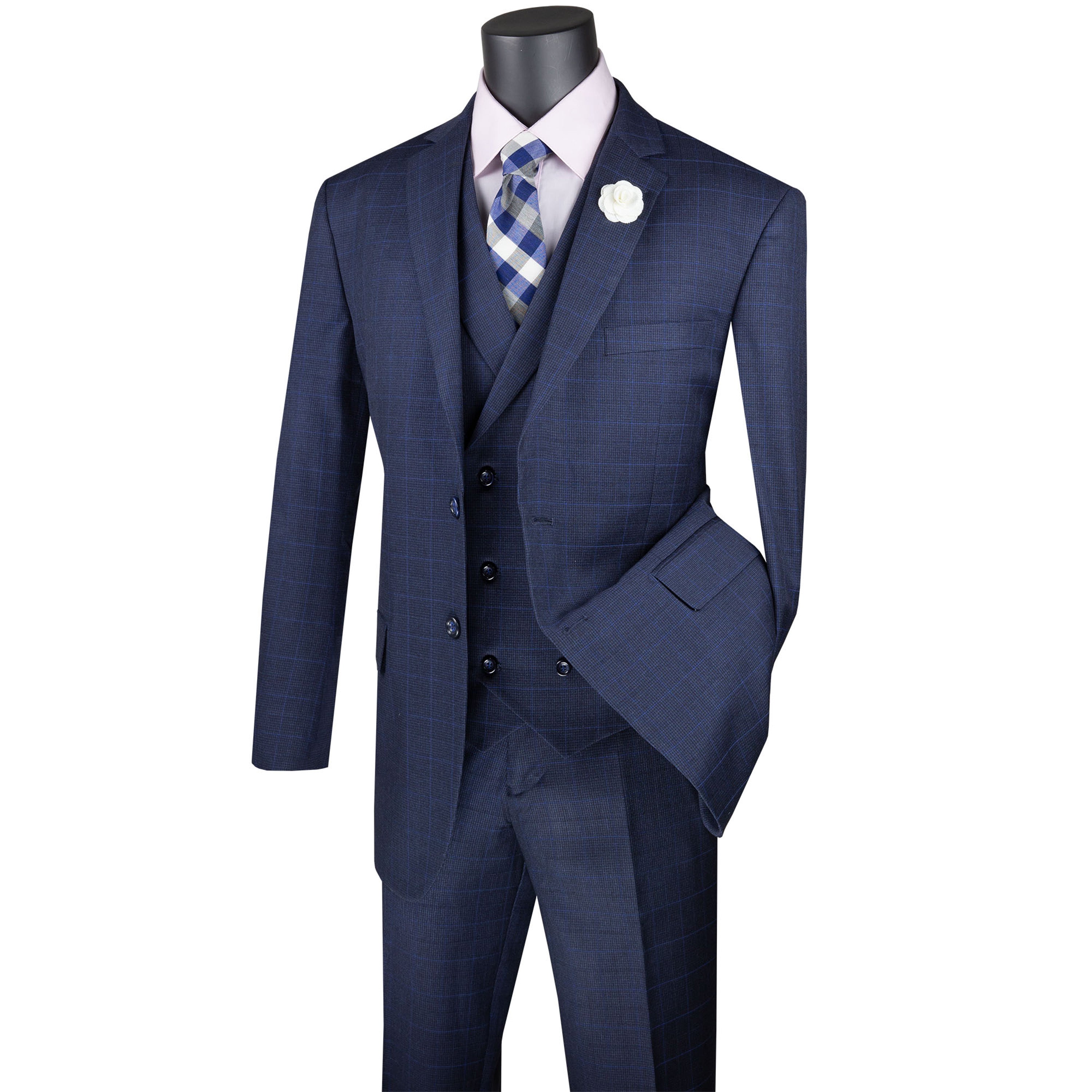 VINCI Men's Navy Blue Glen Plaid 3pc 2 Button Classic Fit