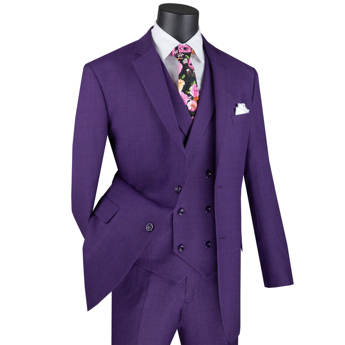 VINCI Men's Purple Glen Plaid 3pc 2-Button Classic-Fit Suit - NEW. Showcases a traditional full-cut with a richly lined notch lapel jacket and flat-front pants for tailored customization. Ideal for professional and formal occasions, ensuring a polished and unique fit. Available at Fashion House Inc. (FH Menswear)