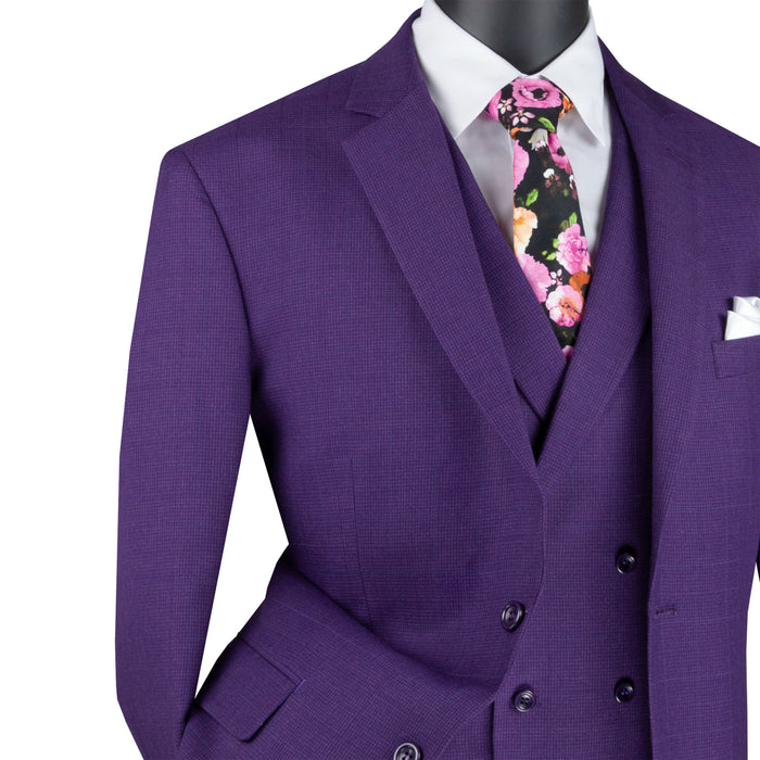 VINCI Men's Purple Glen Plaid 3pc 2-Button Classic-Fit Suit - NEW. Showcases a traditional full-cut with a richly lined notch lapel jacket and flat-front pants for tailored customization. Ideal for professional and formal occasions, ensuring a polished and unique fit. Available at Fashion House Inc. (FH Menswear)