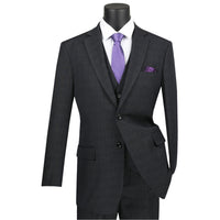 VINCI Men's Black Windowpane Plaid 3-Piece 2-Button Classic-Fit Suit - NEW. Traditional design with a fully lined notch lapel jacket and flat-front pants ready for custom tailoring. Perfect for both professional settings and social events. Available at Fashion House Inc. (FH Menswear)