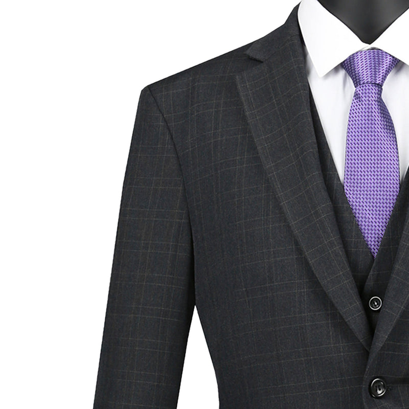 VINCI Men's Black Windowpane Plaid 3-Piece 2-Button Classic-Fit Suit - NEW. Traditional design with a fully lined notch lapel jacket and flat-front pants ready for custom tailoring. Perfect for both professional settings and social events. Available at Fashion House Inc. (FH Menswear)