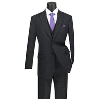 VINCI Men's Black Windowpane Plaid 3-Piece 2-Button Classic-Fit Suit - NEW. Traditional design with a fully lined notch lapel jacket and flat-front pants ready for custom tailoring. Perfect for both professional settings and social events. Available at Fashion House Inc. (FH Menswear)