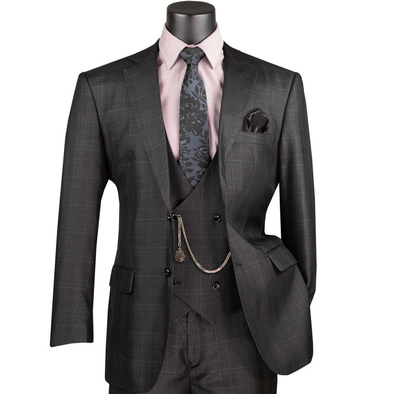 VINCI Men's Black Sharkskin Glen Plaid 3 Piece Suit, Regular Fit - NEW. Classic sartorial elegance with a fully lined notch lapel jacket and flat-front pants ready for custom tailoring. Ideal for boardroom presentations and elegant events. Available at Fashion House Inc. (FH Menswear)