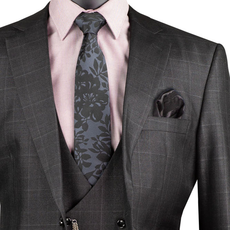 VINCI Men's Black Sharkskin Glen Plaid 3 Piece Suit, Regular Fit - NEW. Classic sartorial elegance with a fully lined notch lapel jacket and flat-front pants ready for custom tailoring. Ideal for boardroom presentations and elegant events. Available at Fashion House Inc. (FH Menswear)