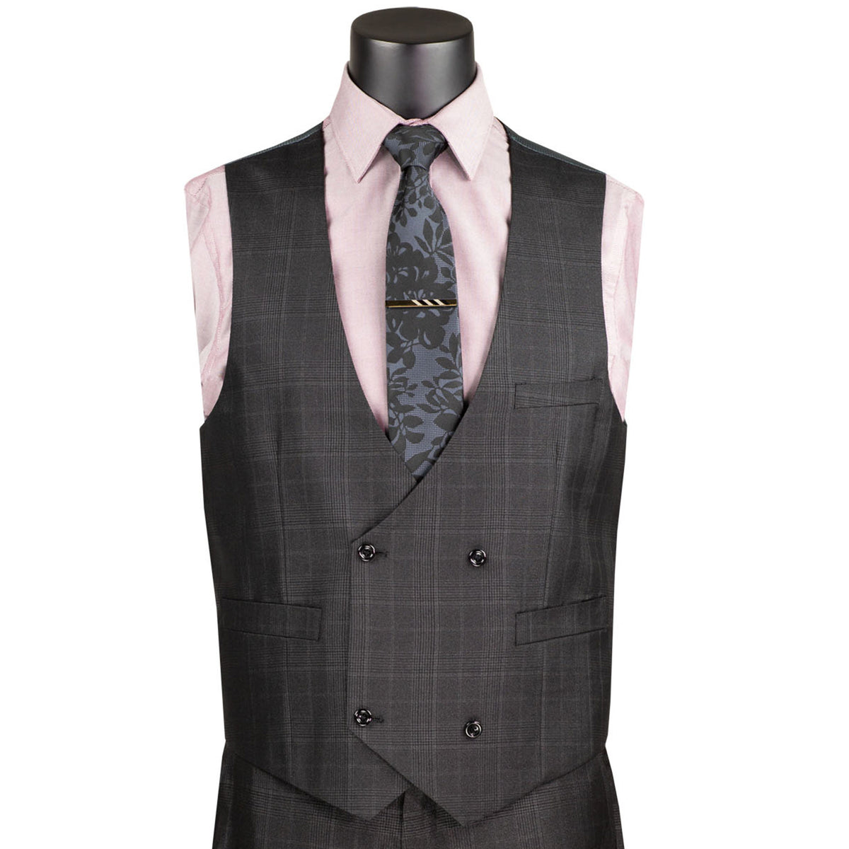 VINCI Men's Black Sharkskin Glen Plaid 3 Piece Suit, Regular Fit - NEW. Classic sartorial elegance with a fully lined notch lapel jacket and flat-front pants ready for custom tailoring. Ideal for boardroom presentations and elegant events. Available at Fashion House Inc. (FH Menswear)