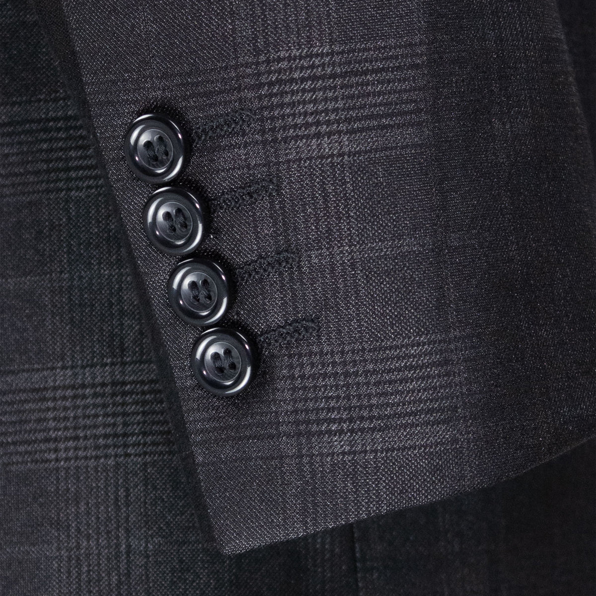 VINCI Men's Black Sharkskin Glen Plaid 3 Piece Suit, Regular Fit - NEW. Classic sartorial elegance with a fully lined notch lapel jacket and flat-front pants ready for custom tailoring. Ideal for boardroom presentations and elegant events. Available at Fashion House Inc. (FH Menswear)