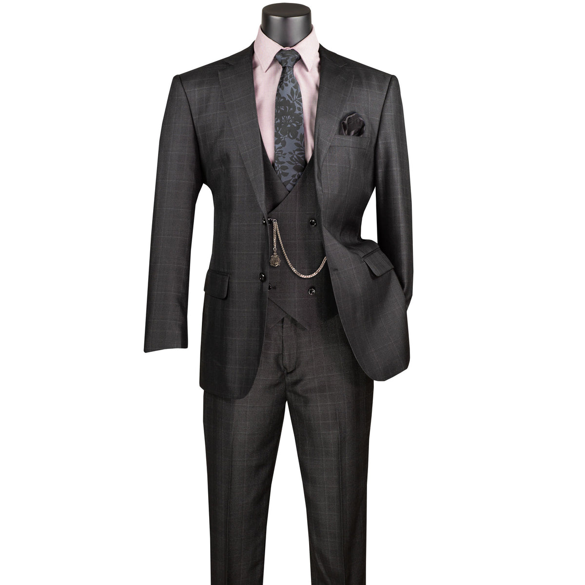 VINCI Men's Black Sharkskin Glen Plaid 3 Piece Suit, Regular Fit - NEW. Classic sartorial elegance with a fully lined notch lapel jacket and flat-front pants ready for custom tailoring. Ideal for boardroom presentations and elegant events. Available at Fashion House Inc. (FH Menswear)