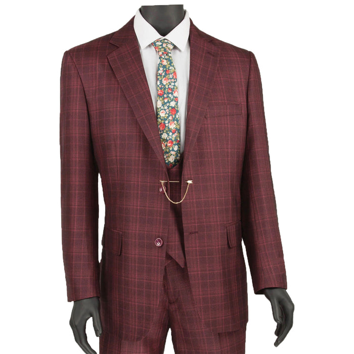 VINCI Men's Burgundy Sharkskin Glen Plaid 3 Piece Suit, Regular Fit - NEW. Classic sartorial elegance with a fully lined notch lapel jacket and flat-front pants ready for custom tailoring. Ideal for boardroom presentations and elegant events. Available at Fashion House Inc. (FH Menswear)