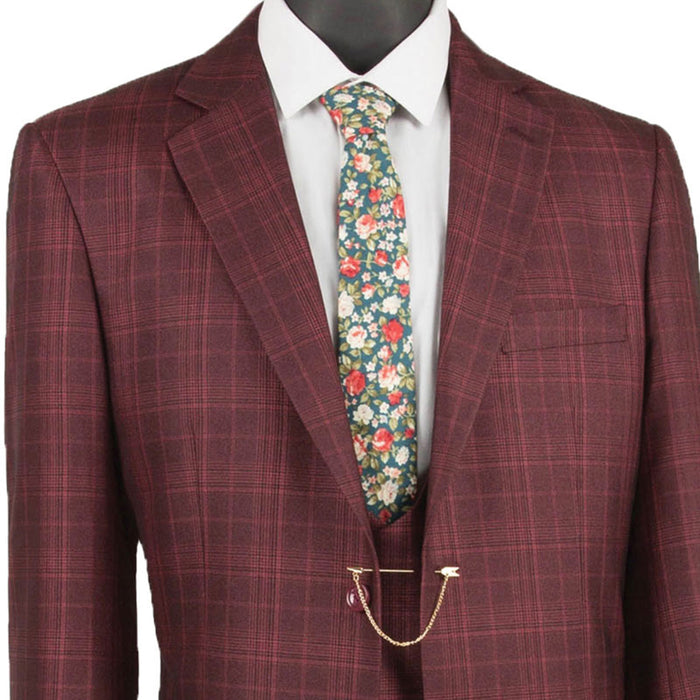 VINCI Men's Burgundy Sharkskin Glen Plaid 3 Piece Suit, Regular Fit - NEW. Classic sartorial elegance with a fully lined notch lapel jacket and flat-front pants ready for custom tailoring. Ideal for boardroom presentations and elegant events. Available at Fashion House Inc. (FH Menswear)