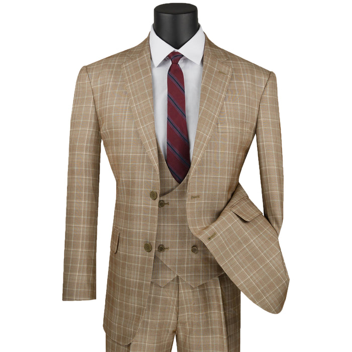 VINCI Men's Camel Beige Sharkskin Glen Plaid 3 Piece Suit, Regular Fit - NEW. Classic sartorial elegance with a fully lined notch lapel jacket and flat-front pants ready for custom tailoring. Ideal for boardroom presentations and elegant events. Available at Fashion House Inc. (FH Menswear)