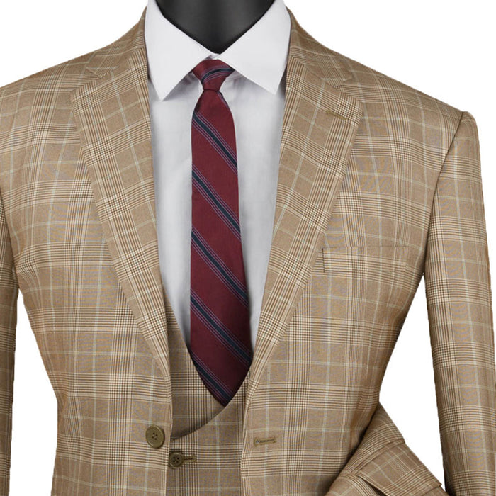 VINCI Men's Camel Beige Sharkskin Glen Plaid 3 Piece Suit, Regular Fit - NEW. Classic sartorial elegance with a fully lined notch lapel jacket and flat-front pants ready for custom tailoring. Ideal for boardroom presentations and elegant events. Available at Fashion House Inc. (FH Menswear)