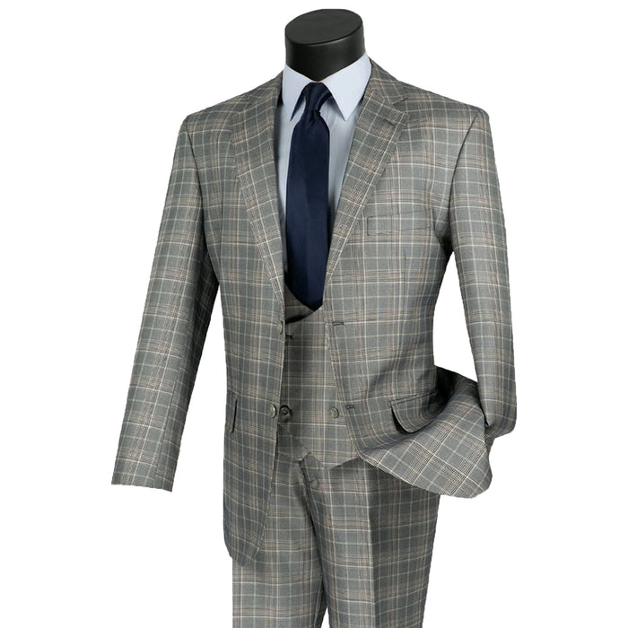 VINCI Men's Gray Sharkskin Glen Plaid 3 Piece Suit, Regular Fit - NEW. Classic sartorial elegance with a fully lined notch lapel jacket and flat-front pants ready for custom tailoring. Ideal for boardroom presentations and elegant events. Available at Fashion House Inc. (FH Menswear)