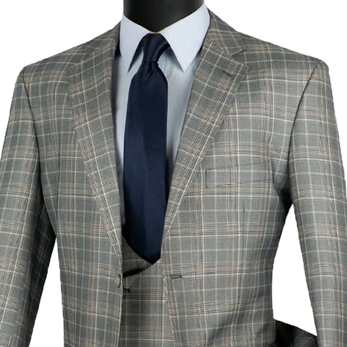 VINCI Men's Gray Sharkskin Glen Plaid 3 Piece Suit, Regular Fit - NEW. Classic sartorial elegance with a fully lined notch lapel jacket and flat-front pants ready for custom tailoring. Ideal for boardroom presentations and elegant events. Available at Fashion House Inc. (FH Menswear)