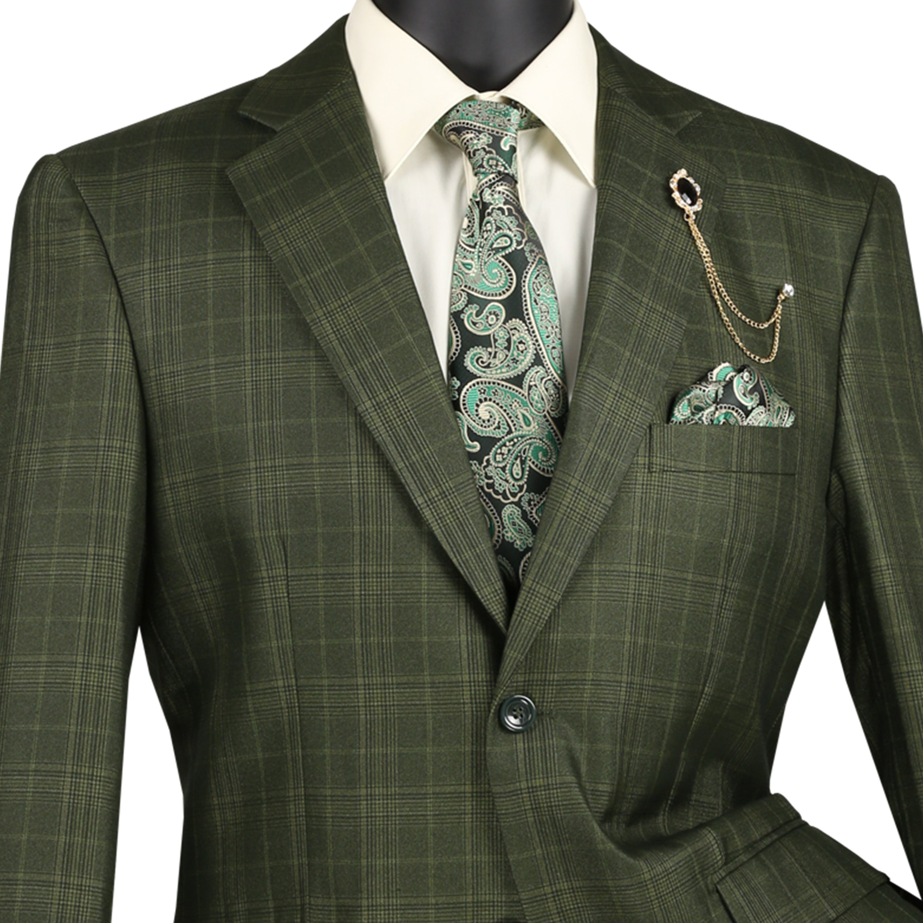 VINCI Men's Olive Green Glen Plaid 3pc 2 Button Classic Fit Suit