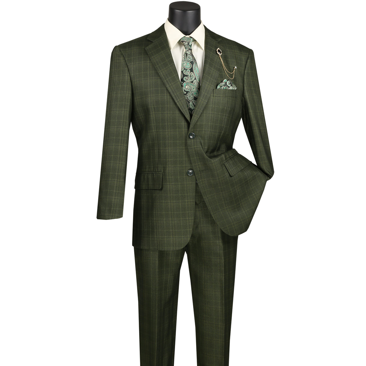 VINCI Men's Olive Green Glen Plaid 3pc 2 Button Classic Fit Suit NEW FH | MENSWEAR VINCI Men's Olive Green Glen Plaid 3pc 2 Button Classic Fit Suit NEW FH | MENSWEAR
