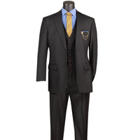 VINCI Men's Black 3-Piece 2-Button Classic-Fit Suit - NEW with Matching Vest. Features a fully lined notch lapel jacket, flat-front pants ready for custom tailoring, and a coordinating vest. Ideal for professional settings and social outings. Available at Fashion House Inc. (FH Menswear)